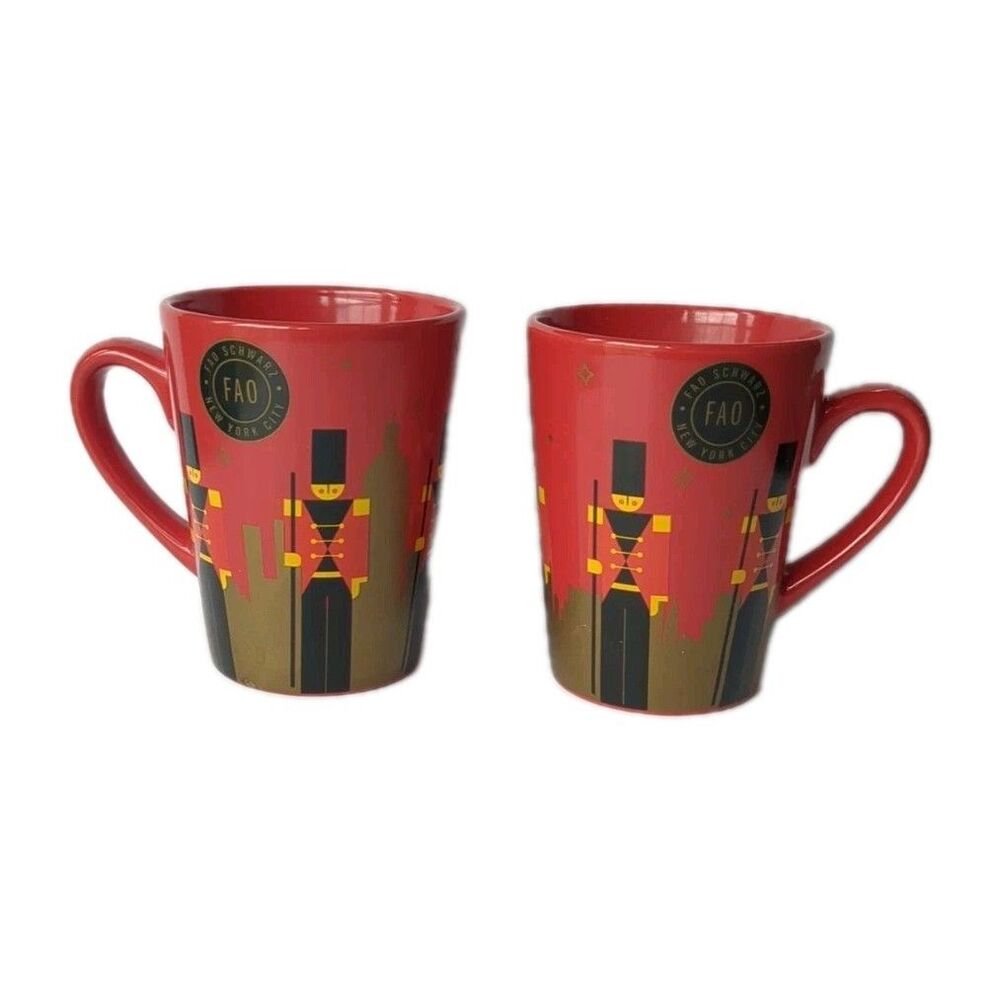 2 Cups FAO Schwarz Galerie Mugs Coffee Tea Toy Store Nutcrackers Soldiers Red